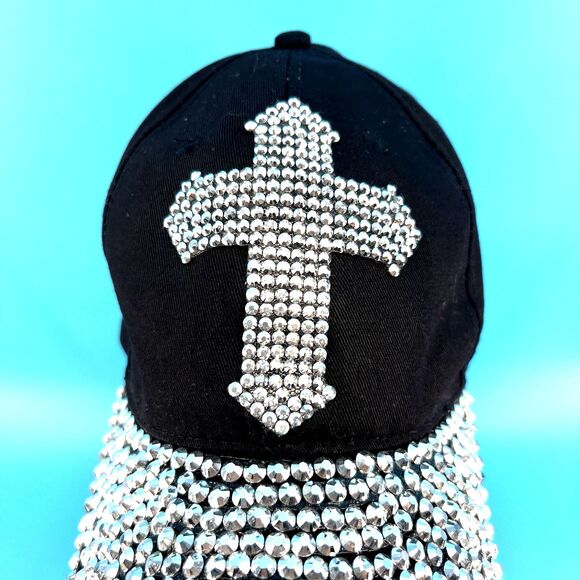 BLACK RHINESTONE CROSS FASHION BASEBALL CAP - Picture 2 of 10